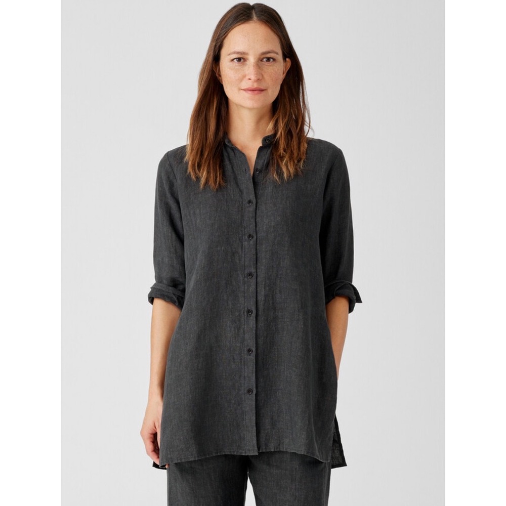 Eileen Fisher Organic Linen Button Down Tunic Shirt Charcoal Gray Medium